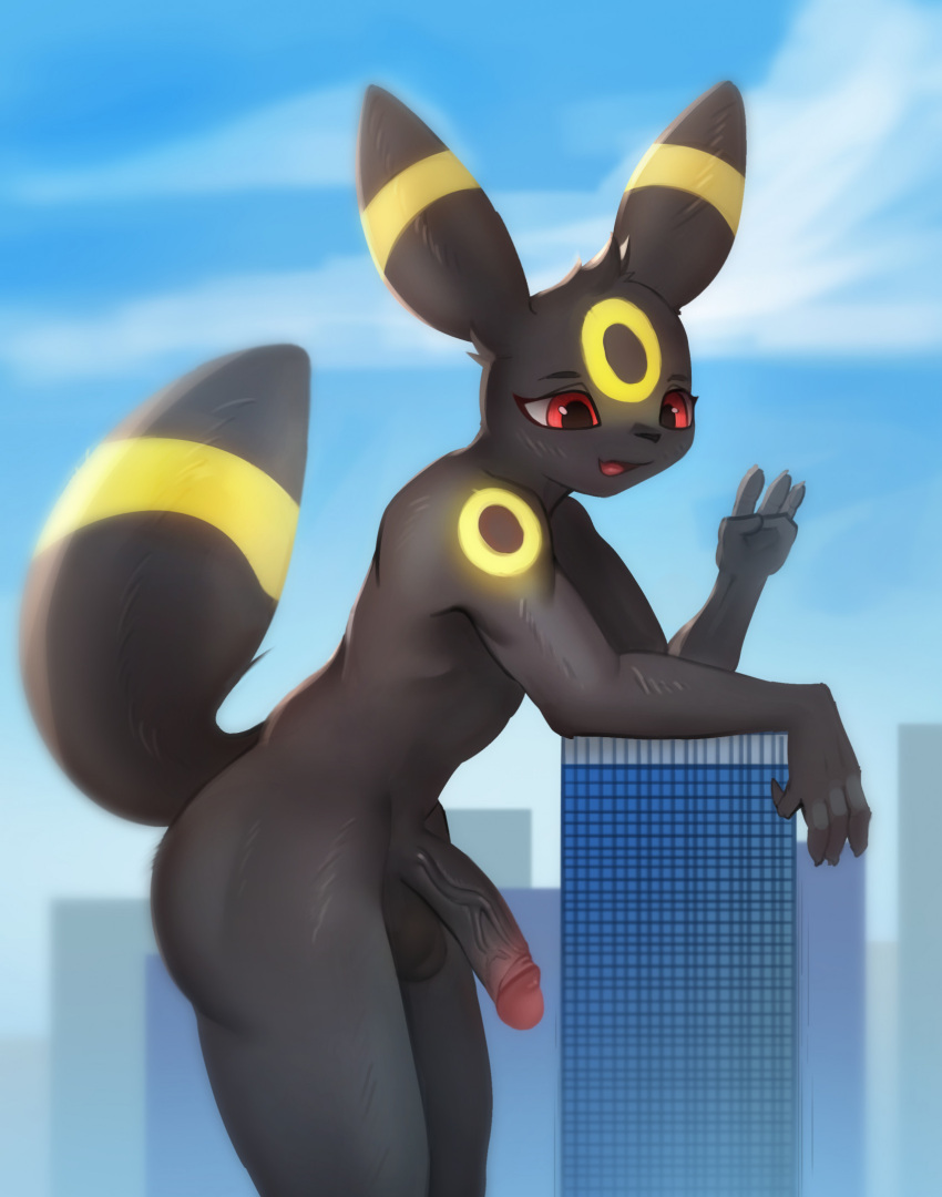 2022 balls black_body black_fur building city cloud eeveelution fur fur_markings generation_2_pokemon genitals giga hi_res macro markings nintendo open_mouth penis pokemon pokemon_(species) sky skyscraper ti-suger umbreon vein veiny_penis video_games yellow_body yellow_fur