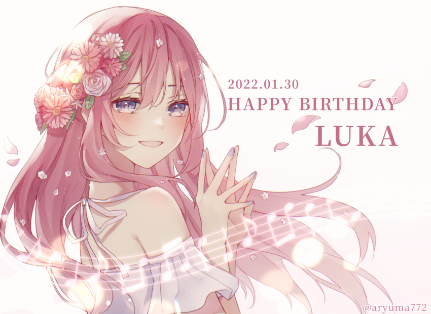 1girl 2022 :d aryuma772 bangs blue_nails character_name commentary dated floating_hair flower hair_between_eyes hair_flower hair_ornament happy_birthday highres long_hair megurine_luka nail_polish pink_flower pink_hair purple_eyes ribbon smile solo twitter_username very_long_hair vocaloid white_background white_flower white_ribbon