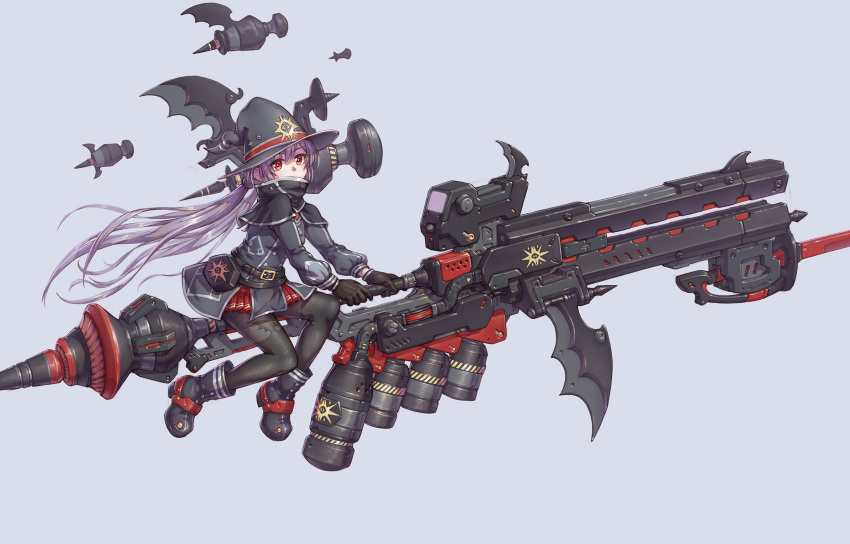 1girl black_gloves broom broom_riding coat covered_mouth duel_monster gloves grey_hair hat highres long_hair red_eyes riding sky_striker_ace_-_roze solo user_jrdd5472 weapon witch witch_hat yu-gi-oh!