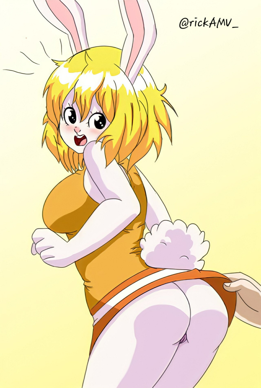 ambiguous_gender anthro blonde_hair breasts butt carrot_(one_piece) clothed clothing dress duo female female/ambiguous fur genitals hair hand_on_dress hi_res human lagomorph leporid mammal one_piece peek pussy rabbit rickamv solo_focus spying surprised_expression tail teeth white_body white_fur
