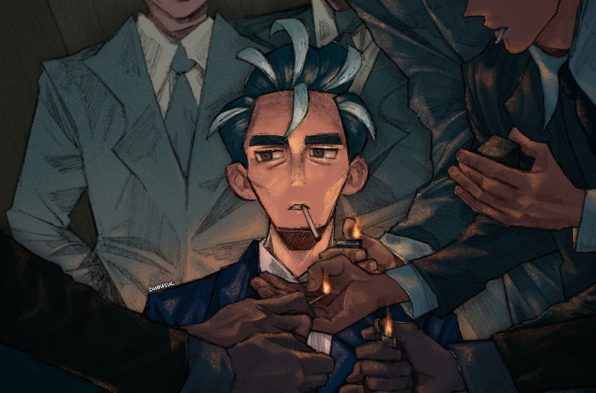 6+boys black_hair collared_shirt fire flame formal highres holding holding_lighter jacket larry_(pokemon) lighter lighting_cigarette multicolored_hair multiple_boys necktie pokemon pokemon_(game) pokemon_sv shirt short_hair smoking streaked_hair suit thick_eyebrows