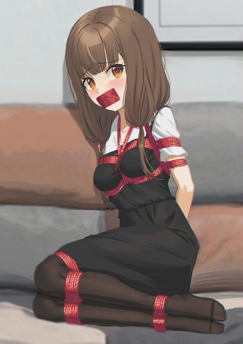 1girl absurdres arms_behind_back bangs bdsm black_dress blush bondage bound breasts brown_hair brown_pantyhose cailin020 collarbone dress gag highres iino_miko improvised_gag kaguya-sama_wa_kokurasetai_~tensai-tachi_no_renai_zunousen~ long_hair low_twintails medium_breasts no_shoes orange_eyes pantyhose restrained shibari shiny shiny_hair shirt sitting tape tape_gag twintails white_shirt