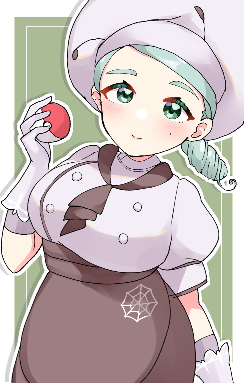 1girl absurdres apron beret breasts brown_apron brown_jabot buttons chef_hat chef_uniform double-breasted gateau_scr gloves green_background green_eyes hat highres holding holding_poke_ball katy_(pokemon) large_breasts light_green_hair mole mole_on_cheek poke_ball poke_ball_(basic) pokemon pokemon_(game) pokemon_sv puffy_short_sleeves puffy_sleeves short_hair short_sleeves side_ponytail smile solo spider_web_print thick_eyebrows waist_apron white_gloves white_headwear