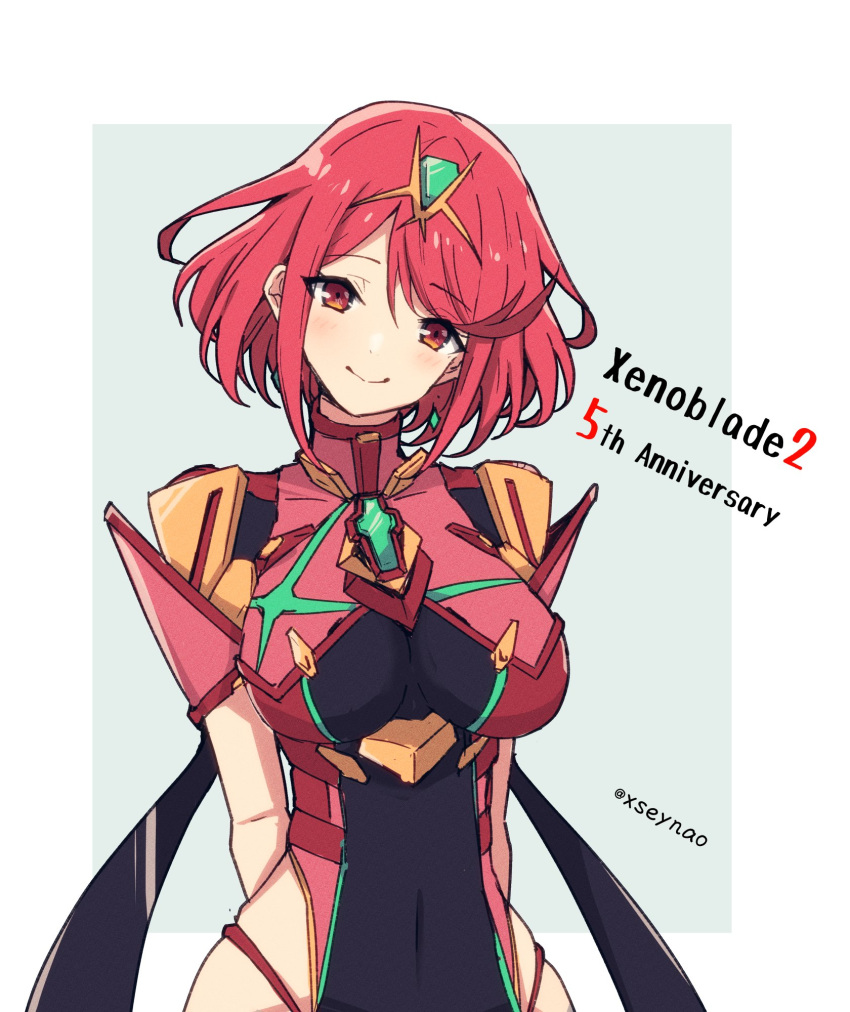 1girl bangs breasts chest_jewel earrings highres jewelry large_breasts mochimochi_(xseynao) pyra_(xenoblade) red_eyes red_hair short_hair simple_background solo swept_bangs tiara white_background xenoblade_chronicles_(series) xenoblade_chronicles_2