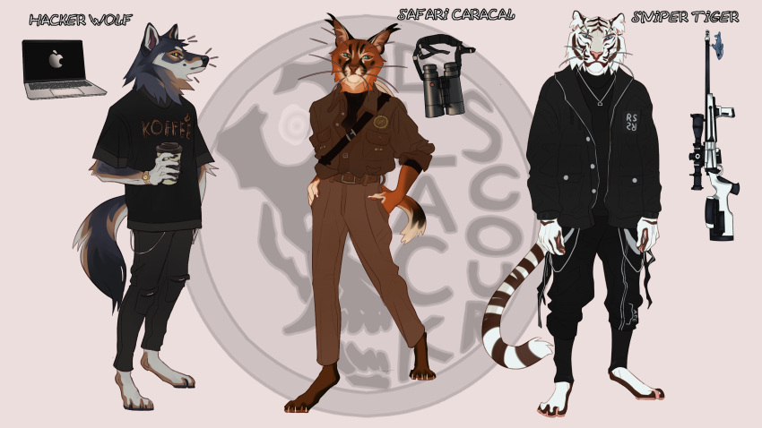 16:9 anthro artist_logo beverage black_bottomwear black_clothing black_jacket black_pants black_shirt black_t-shirt black_topwear blackscour blue_eyes bottomwear brown_body brown_bottomwear brown_clothing brown_fur brown_pants brown_topwear canid canine canis caracal caracal_(genus) cheek_tuft clothed clothing english_text facial_tuft felid feline front_view fur grey_body grey_fur group hand_in_pocket hi_res holding_beverage holding_object jacket logo looking_at_viewer male mammal markings neck_tuft orange_body orange_fur pantherine pants pink_nose pockets shirt simple_background standing striped_markings striped_tail stripes t-shirt tail_markings text tiger topwear trio tuft white_body white_fur widescreen wolf yellow_eyes