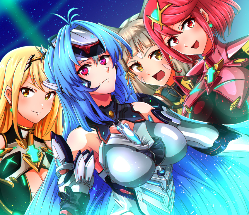 bangs blonde_hair breasts chest_jewel cleavage cleavage_cutout clothing_cutout highres kos-mos kos-mos_re: large_breasts long_hair multiple_girls mythra_(xenoblade) nia_(xenoblade) pyra_(xenoblade) red_eyes red_hair short_hair swept_bangs to_(tototo_tk) very_long_hair xenoblade_chronicles_(series) xenoblade_chronicles_2 xenosaga yellow_eyes