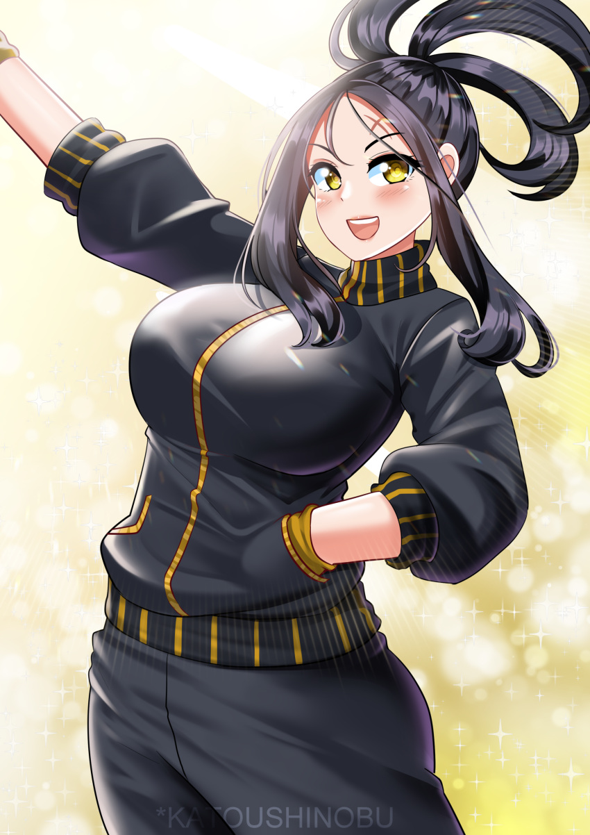 1girl absurdres black_hair black_pants black_track_suit breasts dendra_(pokemon) gym_uniform highres juliet_sleeves katou_shinobu large_breasts long_sleeves pants pokemon pokemon_(game) pokemon_sv puffy_sleeves sidelocks teacher yellow_eyes