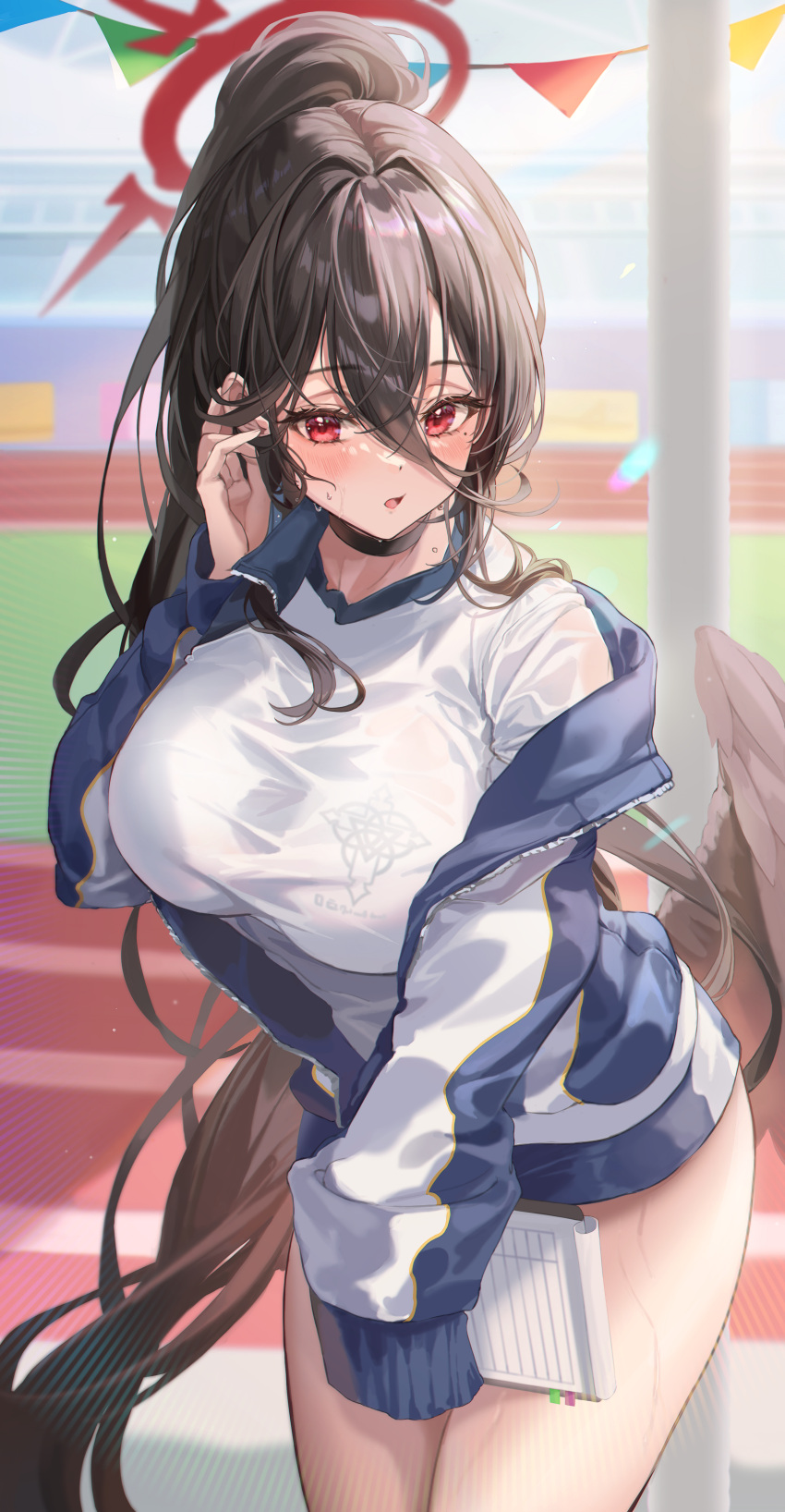 1girl absurdres black_hair black_wings blue_archive blurry blurry_background breasts buruma clipboard cowboy_shot day feathered_wings gym_uniform hair_between_eyes halo hand_in_own_hair hand_up hasumi_(blue_archive) hasumi_(gym_uniform)_(blue_archive) high_ponytail highres holding holding_clipboard jacket large_breasts long_hair long_sleeves looking_at_viewer low_wings lujang_(fudge) mole mole_under_eye multicolored_clothes multicolored_jacket off_shoulder official_alternate_costume open_clothes open_jacket outdoors parted_lips red_eyes see-through shirt sleeves_past_fingers sleeves_past_wrists solo sunlight sweat thighs track_and_field track_jacket two-tone_jacket very_long_hair wet wet_clothes wet_shirt white_shirt wings