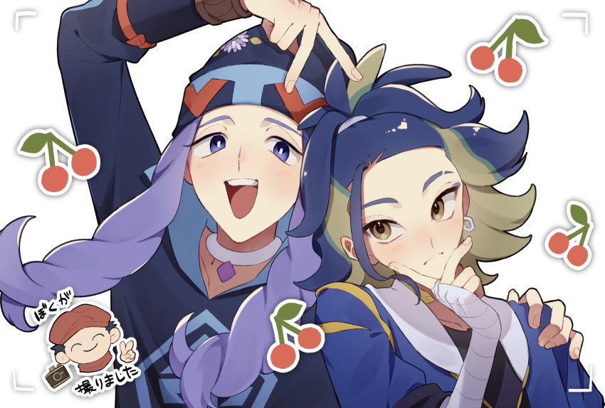 3boys adaman_(pokemon) black_hair blonde_hair blue_eyes blue_hair brown_eyes camera cherry_print closed_mouth diamond_clan_outfit earrings eyebrow_cut food_print green_hair hat highres hood jewelry long_hair male_focus melli_(pokemon) multicolored_hair multiple_boys neck_ring open_mouth pokemon pokemon_(game) pokemon_legends:_arceus ponytail purple_hair red_headwear red_scarf rei_(pokemon) scarf short_hair smile tomato_0429 v