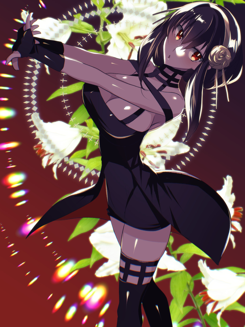 1girl arms_up bangs bare_shoulders belt black_gloves black_hair black_thighhighs breasts cleavage eyebrows_hidden_by_hair fingerless_gloves flower gloves hair_between_eyes hair_ornament hairband highres large_breasts leg_belt long_hair looking_at_viewer off_shoulder open_mouth red_eyes skirt solo spy_x_family standing tajima_yoshikazu thighhighs yor_briar