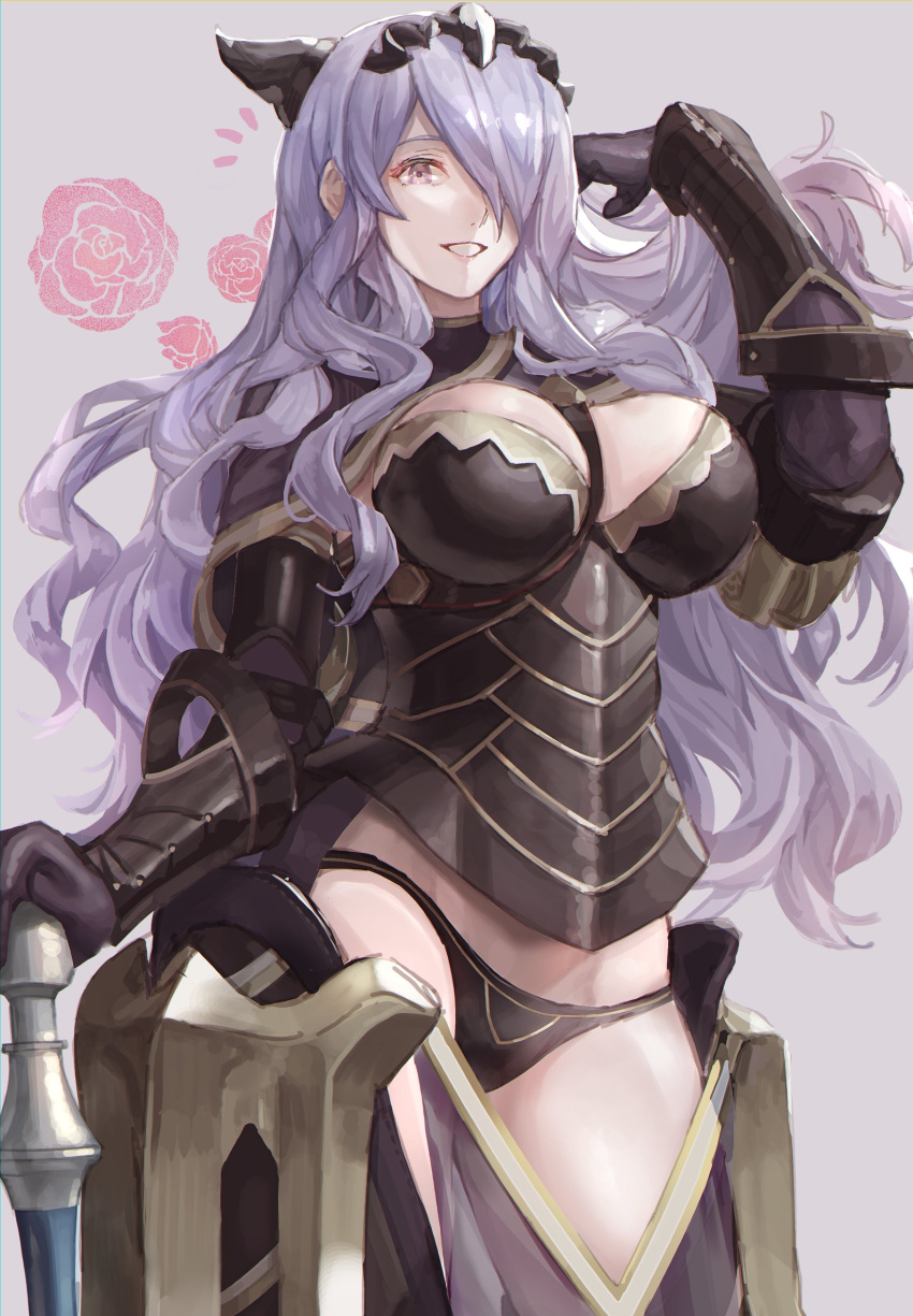 1girl absurdres armor axe battle_axe black_armor black_panties blush bodice breasts camilla_(fire_emblem) cleavage fire_emblem fire_emblem_fates fire_emblem_warriors gloves hair_over_one_eye highres large_breasts long_hair looking_at_viewer open_mouth panties purple_eyes purple_hair smile sobasakuhin solo thighs tiara underwear very_long_hair wavy_hair weapon