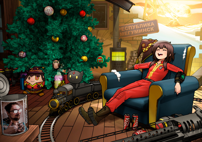 1girl absurdres alternate_costume boots can character_request chomusuke christmas christmas_ornaments christmas_tree couch fallout_(series) fenixman12 hat highres jakuzure_nonon jumpsuit kill_la_kill kono_subarashii_sekai_ni_shukufuku_wo! megumin on_couch pip_boy russian_text sitting stove stuffed_toy toy toy_train tree vault_suit witch_hat