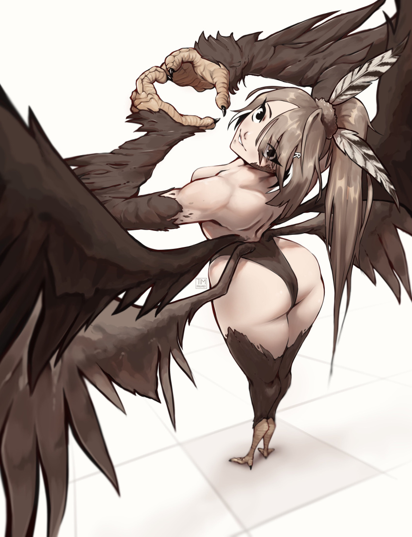 1girl absurdres ahoge ass bangs bird_legs black_eyes brown_hair feather_hair_ornament feathered_wings feathers hair_ornament hairclip harpy heart heart_hands highres hololive hololive_english long_hair looking_at_viewer monster_girl multicolored_hair nanashi_mumei ponytail smile solo streaked_hair talons timinybillybob very_long_hair virtual_youtuber winged_arms wings