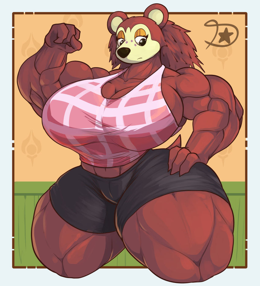 2022 absurd_res animal_crossing anthro big_breasts big_muscles bottomwear breasts brown_body brown_fur clothing digital_media_(artwork) dreamerknight eulipotyphlan eyelashes female flexing fur hand_on_hip hedgehog hi_res huge_biceps huge_breasts huge_hips huge_muscles huge_thighs looking_down mammal muscular muscular_thighs nintendo sable_able shorts small_waist solo thick_thighs video_games