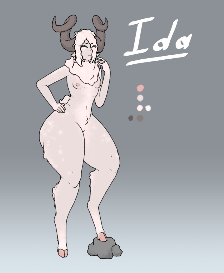 anthro big_butt big_horn biped bottom_heavy bovid bovid_horn breasts butt caprine caprine_horn cloven_hooves eyes_closed female fluffy fur hair hand_on_hip hi_res hooves horn lap_lamb mammal neck_tuft nude sheep simple_background small_breasts small_waist solo thick_thighs tuft wavy_hair white_body white_fur wide_hips