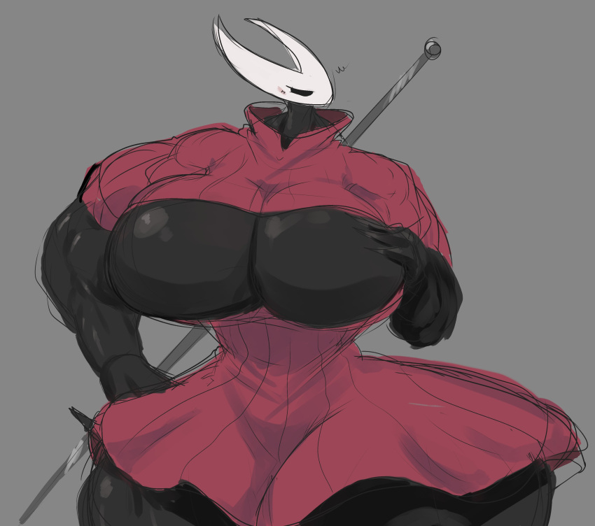 2022 absurd_res anthro arthropod big_breasts black_body breasts cleavage_cutout digital_media_(artwork) dreamerknight featureless_breasts female hand_on_breast hand_on_hip hi_res hollow_knight hornet_(hollow_knight) huge_breasts huge_hips huge_thighs hyper hyper_hips hyper_thighs looking_aside melee_weapon muscular_thighs small_waist solo team_cherry thick_thighs vessel_(species) video_games weapon wide_hips