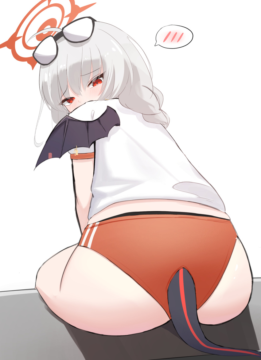 1girl absurdres ahoge ass black_panties blue_archive buruma demon_tail demon_wings english_commentary eyewear_on_head from_behind gym_shirt gym_uniform halo haruna_(blue_archive) highres looking_at_viewer medium_hair panties panties_under_buruma red_buruma red_eyes shirt short_sleeves single_wing sitting solo spoken_blush tail underwear user_jtrp2247 white_hair white_shirt wings