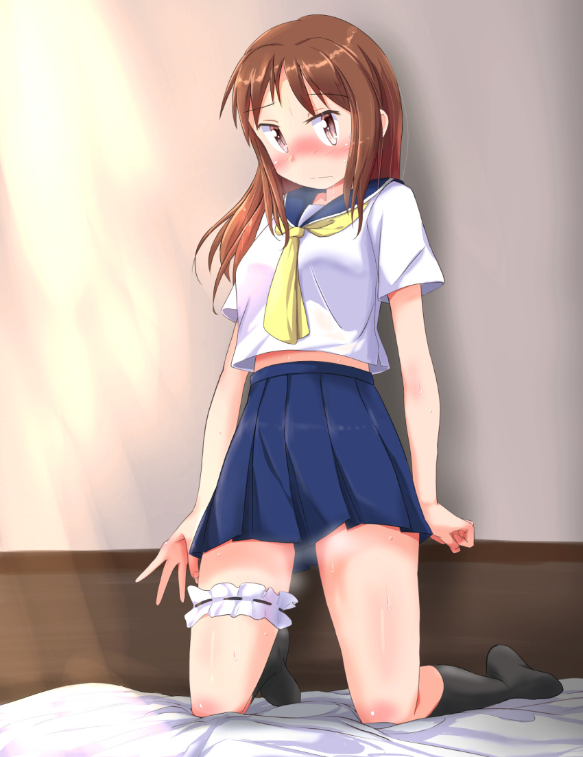 1girl arms_at_sides bangs bed black_socks blue_skirt blush brown_eyes brown_hair clenched_hand closed_mouth commentary_request embarrassed garter_straps highres kneeling looking_at_viewer midriff_peek okano_kei on_bed sailor_collar scarf school_uniform serafuku shadow skirt socks sweat thighs wall yellow_scarf yuukin yuyushiki
