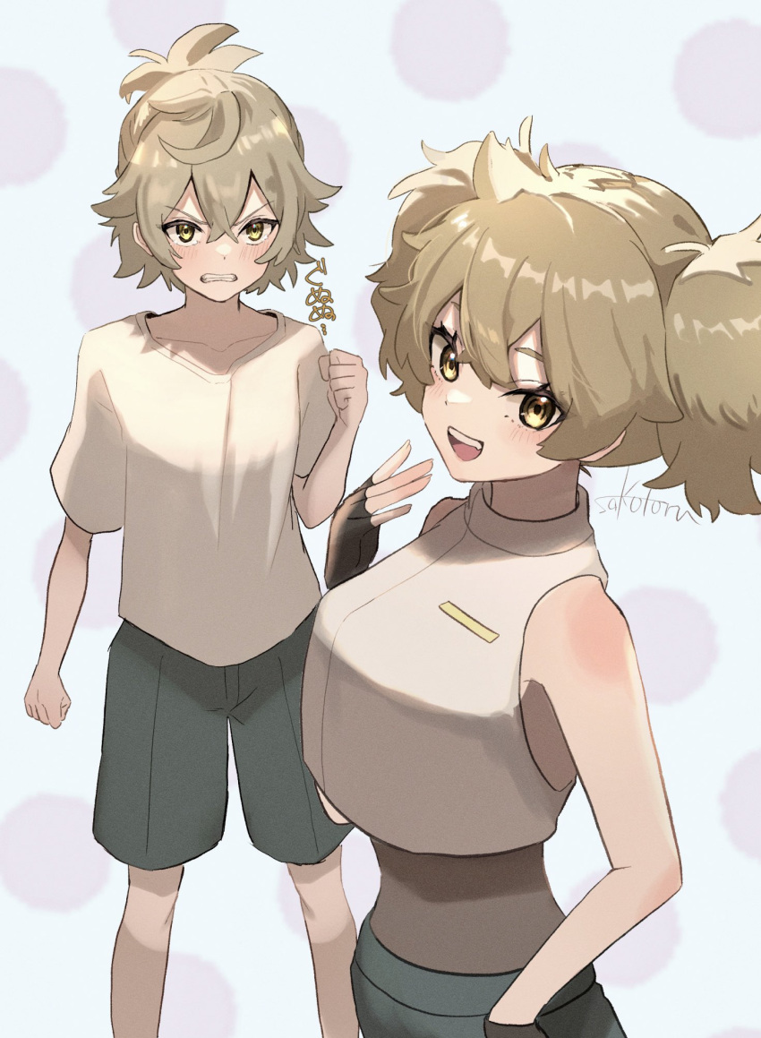 2girls angry artist_name bangs blush bodystocking breasts brown_eyes brown_hair clenched_hand clenched_teeth crop_top crop_top_overhang cropped_shirt felsi_rollo fingerless_gloves flat_chest gloves green_shorts gundam gundam_suisei_no_majo hair_between_eyes highres look-alike medium_breasts multiple_girls open_hand open_mouth renee_costa sako_(oyatutabero) shirt shorts sleeveless sleeveless_shirt smile tearing_up teeth twintails white_shirt