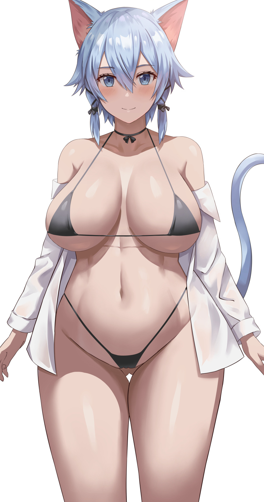 1girl absurdres animal_ears arms_at_sides ass_visible_through_thighs bangs bikini black_bikini blue_eyes blue_hair blunt_bangs blush breasts cleavage closed_mouth collarbone curvy dress_shirt hair_between_eyes hair_ribbon highleg highleg_bikini highres jasony large_breasts looking_at_viewer micro_bikini navel ribbon shiny shiny_skin shirt simple_background sinon smile solo standing stomach swimsuit sword_art_online tail thigh_gap white_background white_shirt wide_hips