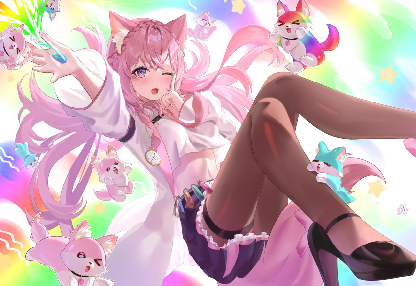 1girl absurdres animal_ears black_footwear cat cat_ears cat_girl hakui_koyori high_heels highres hololive long_hair long_sleeves looking_at_viewer lucy_(rusi-juren328) midriff navel one_eye_closed open_mouth pink_hair skirt star_(symbol) virtual_youtuber wide_sleeves