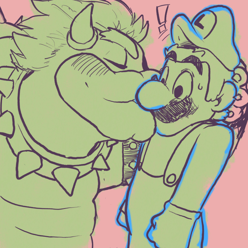 1:1 blush bowser clothing collar duo exclamation_point facial_hair hi_res horn human jamejarrs kissing koopa luigi male male/male mammal mario_bros mustache nintendo overalls scalie size_difference spiked_collar spikes video_games