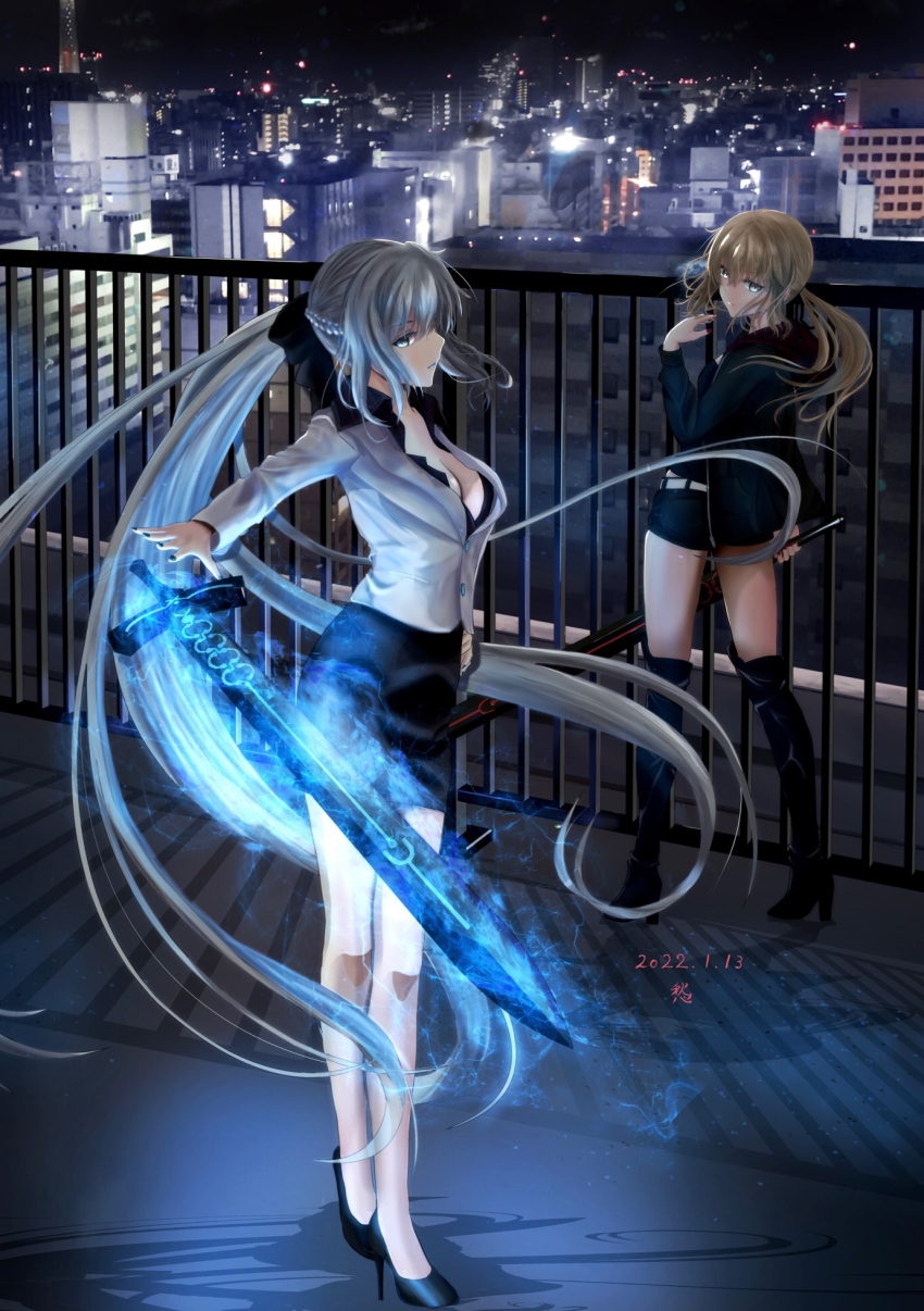 2022 2girls artoria_pendragon_(fate) bag belt black_bow black_footwear black_jacket black_nails black_shirt black_shorts black_skirt blazer blonde_hair boots bow breasts cityscape cleavage closed_mouth collared_shirt dated dress_shirt excalibur_morgan_(fate) fate/grand_order fate_(series) floating_hair full_body grey_hair grey_lips hair_between_eyes hair_bow hand_on_hip high_heels highres hood hood_down hooded_jacket jacket knee_boots kohashi_syuu long_hair long_sleeves low_ponytail medium_breasts miniskirt morgan_le_fay_(fate) multiple_girls nail_polish night open_clothes open_jacket open_shirt outdoors pencil_skirt pumps red_nails saber_alter saber_alter_(ver._shinjuku_1999)_(fate) shiny shiny_hair shirt short_shorts shorts skirt very_long_hair white_belt wing_collar yellow_eyes