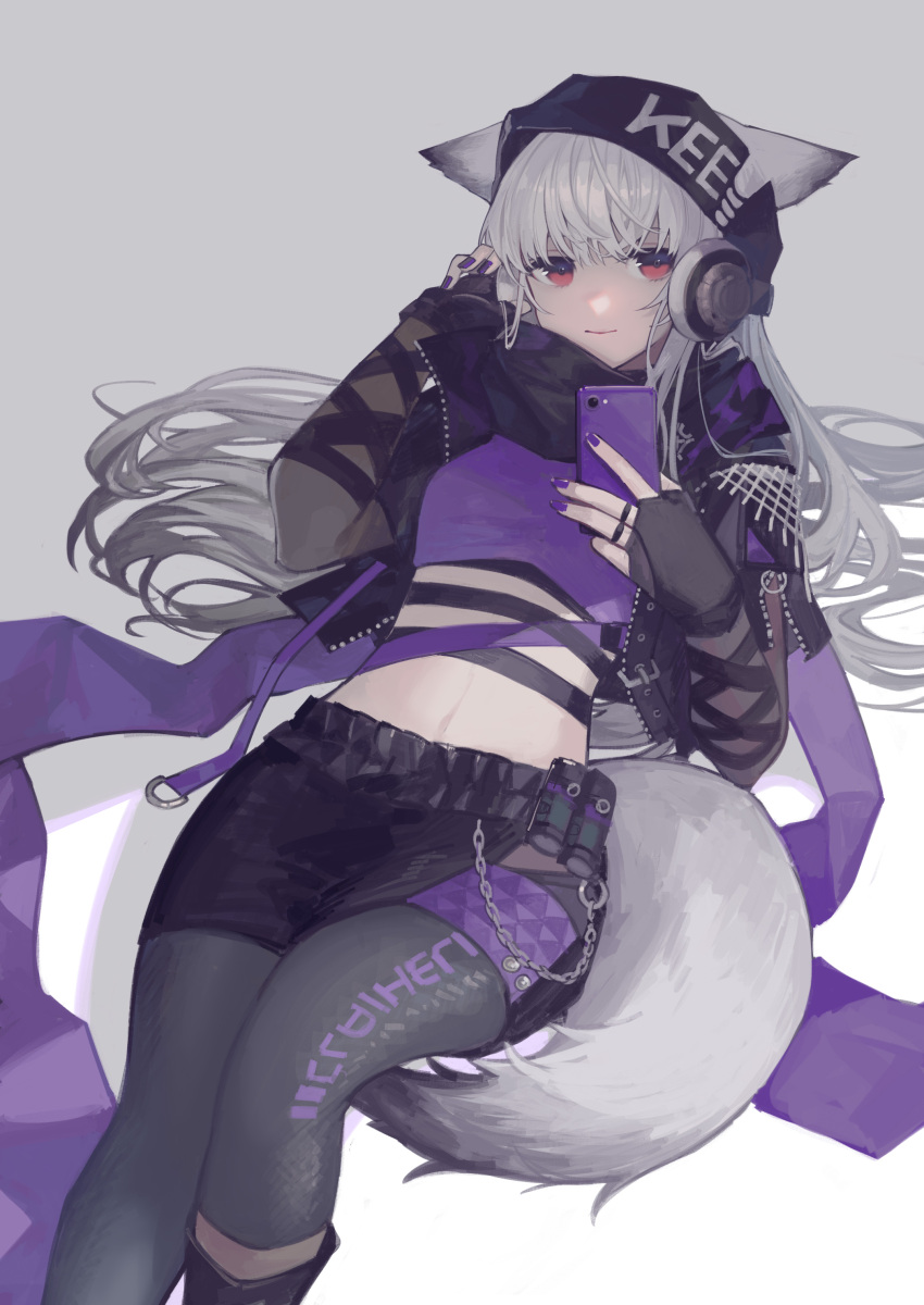 1girl absurdres animal_ears arknights beanie black_gloves black_pantyhose black_shorts cellphone clothes_writing commentary crop_top ears_through_headwear feet_out_of_frame fingerless_gloves fox_ears fox_girl fox_tail frostleaf_(arknights) frostleaf_(break_the_ice)_(arknights) gloves grey_background grey_hair hat headphones highres holding holding_phone implied_extra_ears long_sleeves looking_at_viewer lying midriff miike_(992058) nail_polish official_alternate_costume on_back pantyhose pantyhose_under_shorts phone purple_nails purple_shirt red_eyes shirt shorts simple_background smartphone smile solo tail