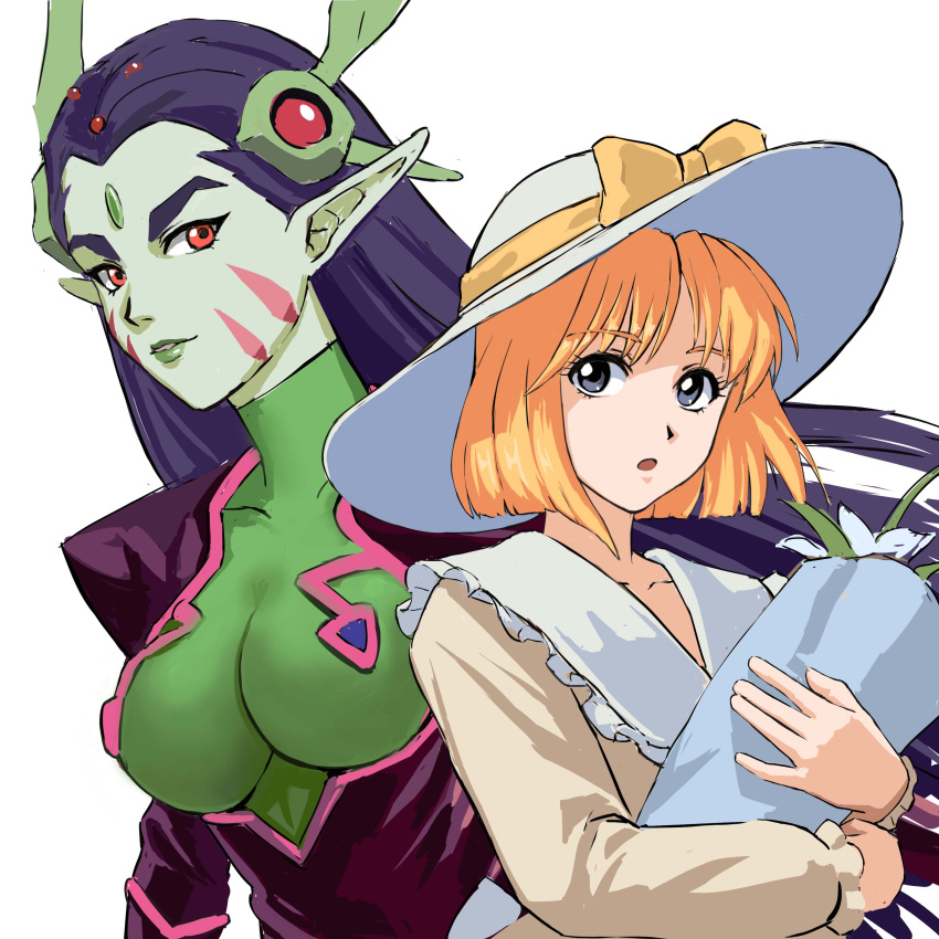 2girls absurdres alien blonde_hair blue_eyes bodysuit breasts colored_skin dress flower flower_girl_(macross_7) green_skin hat headgear highres looking_at_another looking_to_the_side macross macross_7 multiple_girls nekkikamille open_mouth pointy_ears protodeviln red_eyes science_fiction sivil sketch surprised upper_body