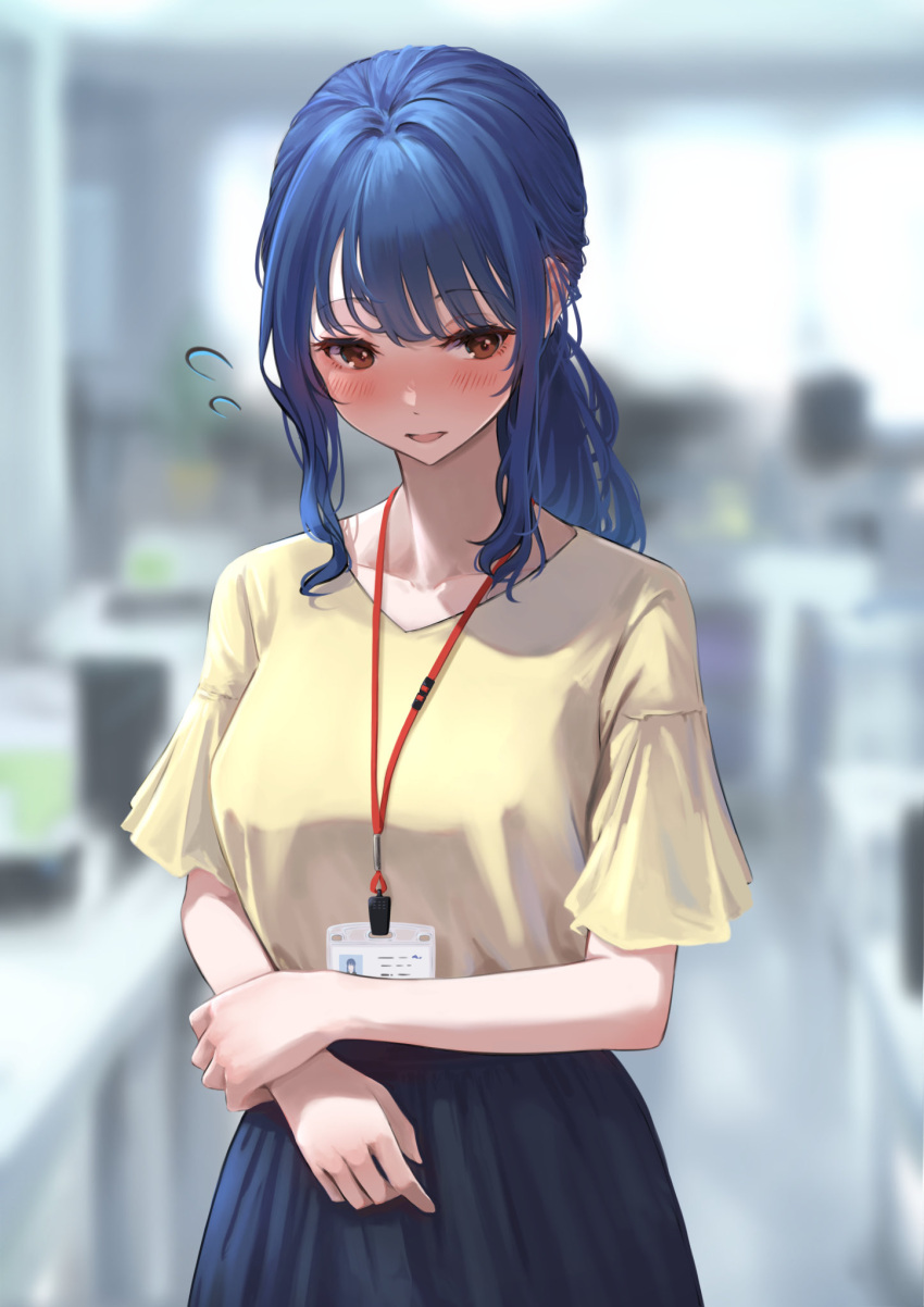 1girl black_skirt blue_hair blurry blurry_background blush brown_eyes flying_sweatdrops highres lanyard long_hair looking_down office office_lady original ponytail shirt short_sleeves skirt smile v-neck wide_sleeves yellow_shirt yukimaru_ai