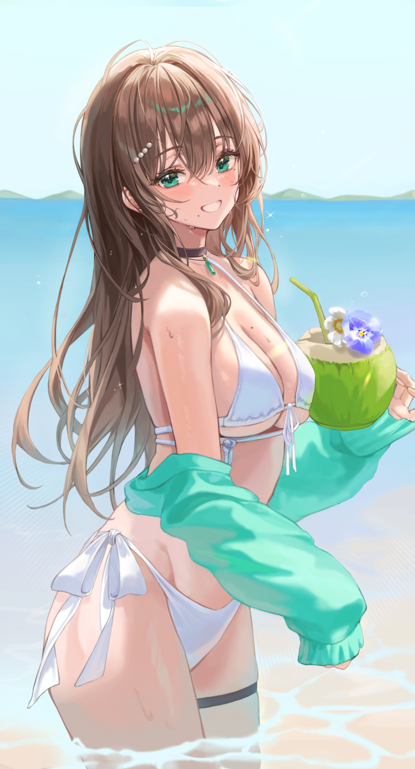 1girl absurdres bare_shoulders beach bikini breasts brown_hair choker cleavage coconut drinking_straw dripping green_eyes grin halterneck highres in_water jacket long_sleeves looking_at_viewer lujang_(fudge) medium_breasts original side-tie_bikini_bottom smile solo string_bikini swimsuit thigh_strap thighs water wet white_bikini