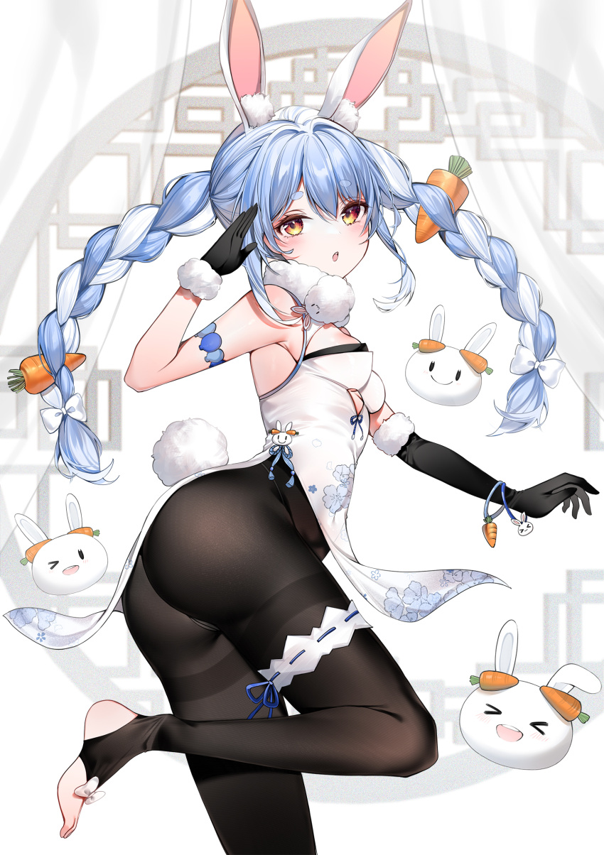 &gt;_&lt; 1girl :d ;d absurdres animal_ear_fluff animal_ears asymmetrical_gloves black_gloves black_pantyhose blue_hair blush braid breasts carrot_hair_ornament china_dress chinese_clothes don-chan_(usada_pekora) dress elbow_gloves floral_print food-themed_hair_ornament gloves hair_between_eyes hair_ornament highres hololive looking_at_viewer multicolored_hair no_shoes nousagi_(usada_pekora) one_eye_closed pantyhose rabbit_ears revision short_eyebrows single_elbow_glove sleeveless sleeveless_dress small_breasts smile solo standing standing_on_one_leg stirrup_legwear thick_eyebrows thighband_pantyhose toeless_legwear twin_braids twintails two-tone_hair uneven_gloves usada_pekora virtual_youtuber white_dress white_hair xd yukineko1018