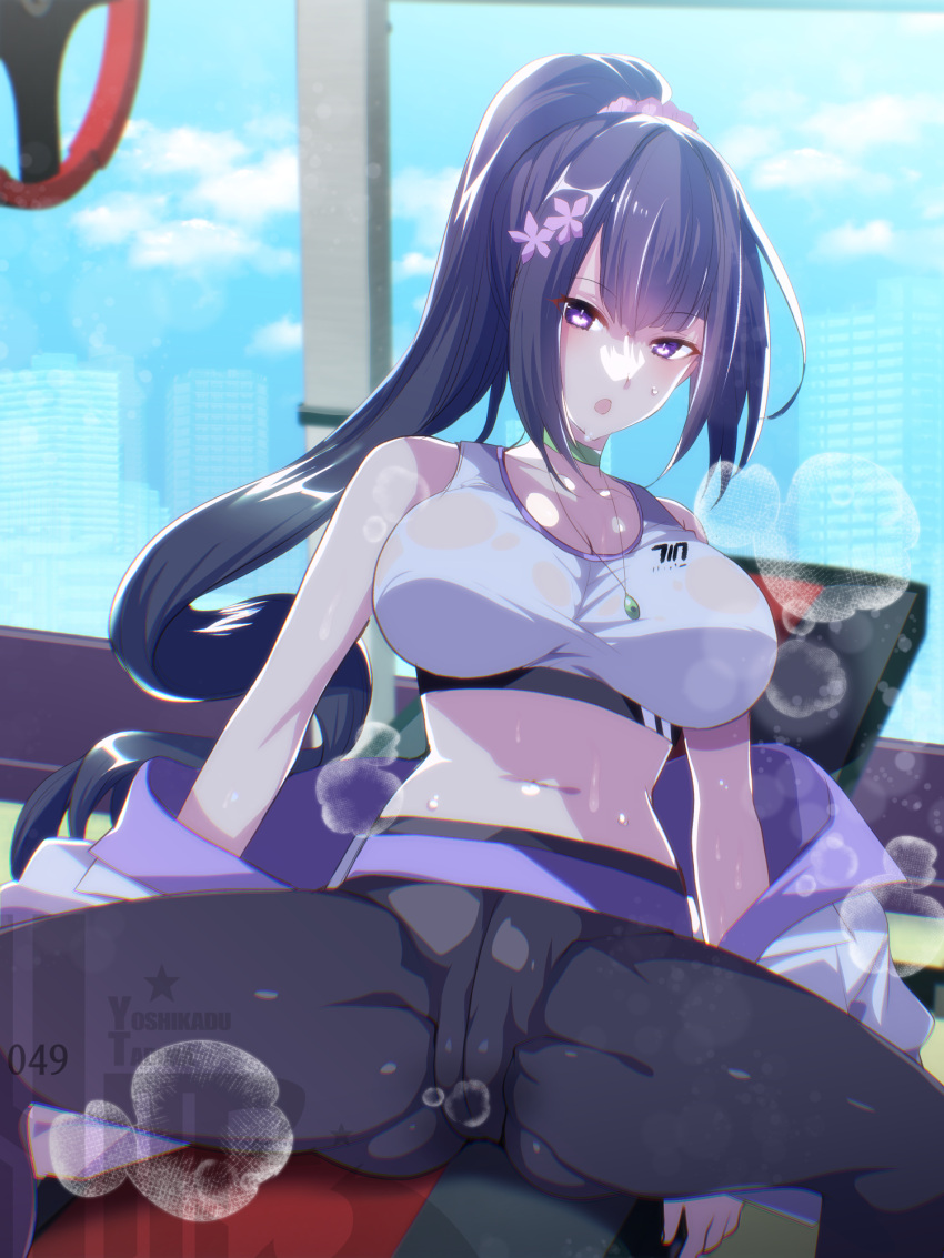 1girl bangs black_hair blue_archive breasts eyebrows_hidden_by_hair gym hair_between_eyes hair_ornament hairclip highres indoors jewelry large_breasts long_hair looking_at_viewer necklace open_mouth pants pony purple_eyes sitting solo sports_bra sportswear spread_legs sumire_(blue_archive) sweat tajima_yoshikazu undressing vest wet wet_clothes