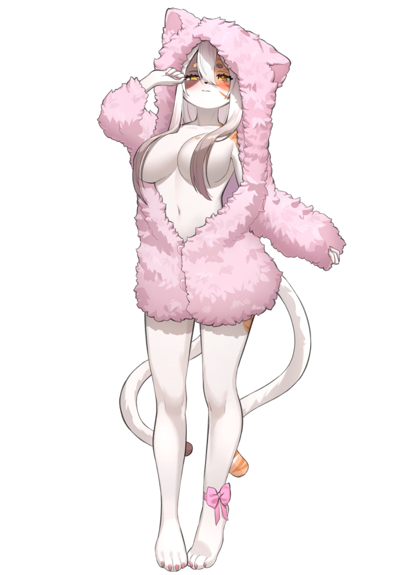 anthro blush breasts brown_hair calico_cat cat_hood clothed clothing convenient_censorship domestic_cat etiv exposed_breasts felid feline felis female fluffy_clothing fur hair hair_covering_breasts half-closed_eyes hi_res hoodie mammal mottled multicolored_hair narrowed_eyes open_clothing open_hoodie open_topwear pajamas partially_clothed pawpads piebald ribbons simple_background solo standing stretching topwear two_tone_hair waking_up white_background white_body white_fur white_hair yellow_eyes