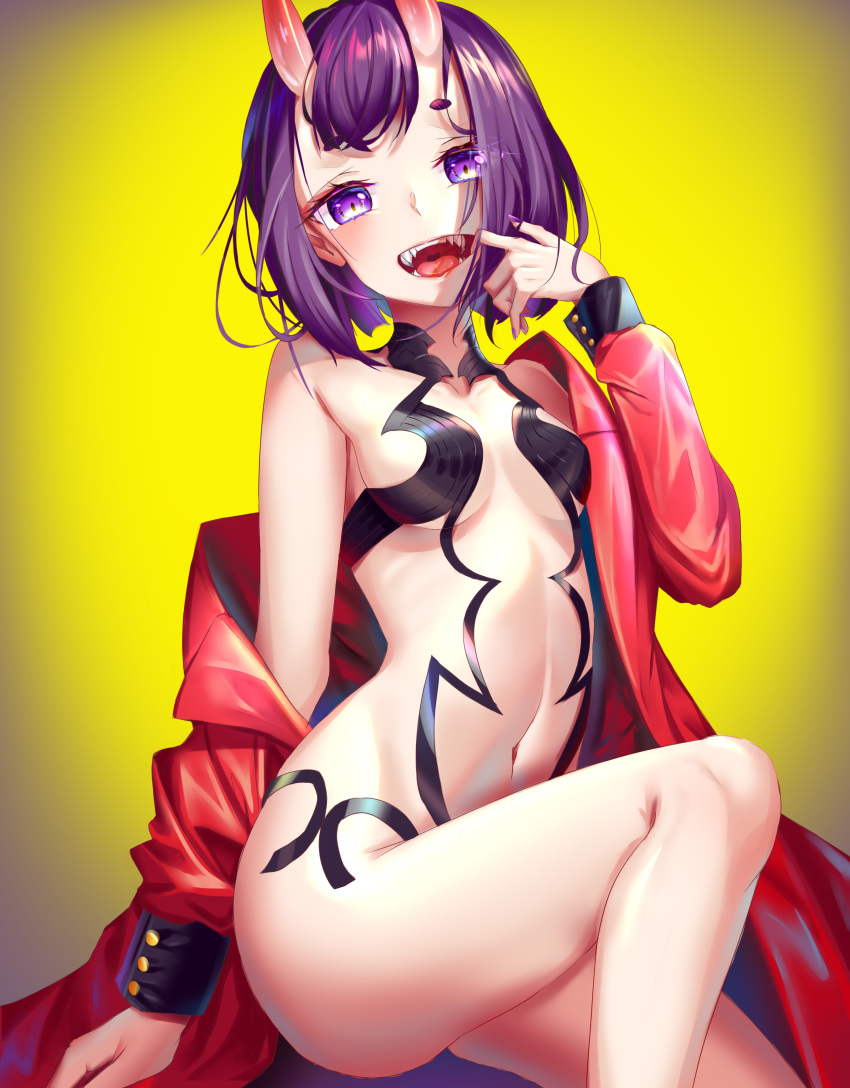 1girl absurdres amaroku_neko breasts fangs fate/grand_order fate_(series) finger_in_own_mouth highres horns knee_up looking_at_viewer navel oni oni_horns open_clothes open_mouth purple_hair revealing_clothes shuten_douji_(fate) smile solo tongue