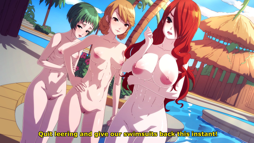 3girls absurdres arm_under_breasts blsh breasts brown_hair cleavage cloud day english_commentary english_text fake_screenshot green_eyes green_hair groin hair_over_one_eye hand_on_hip highres kirijou_mitsuru large_breasts lips lipstick long_hair looking_at_viewer makeup medium_breasts multiple_girls navel nipples nude outdoors parted_lips persona persona_3 pink_lips poolside pussy red_eyes red_hair short_hair sky small_breasts takeba_yukari teeth thigh_gap uncensored upper_teeth water yamagishi_fuuka