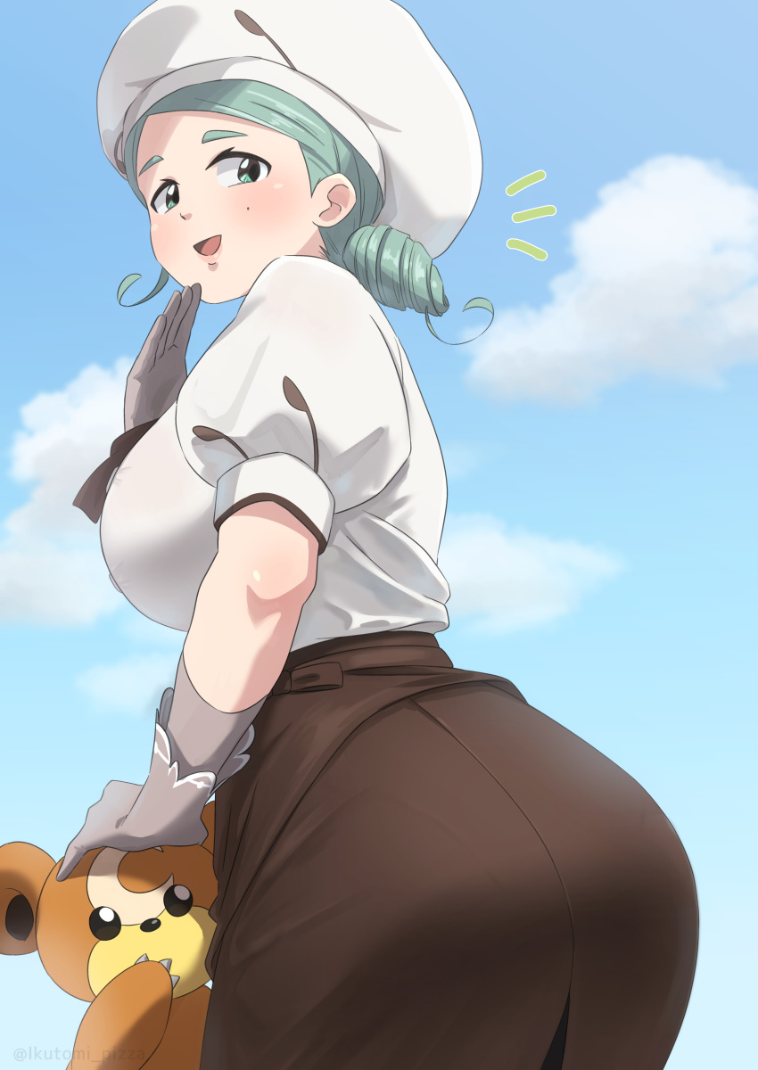 1girl absurdres apron ass ass_focus bear breasts brown_apron brown_jabot buttons chef_uniform double-breasted gloves green_eyes hand_up highres ikutomipizza katy_(pokemon) large_breasts light_green_hair mole mole_on_cheek pokemon pokemon_(creature) pokemon_(game) pokemon_sv puffy_short_sleeves puffy_sleeves short_hair short_sleeves side_ponytail sideboob teddiursa waist_apron white_gloves white_headwear