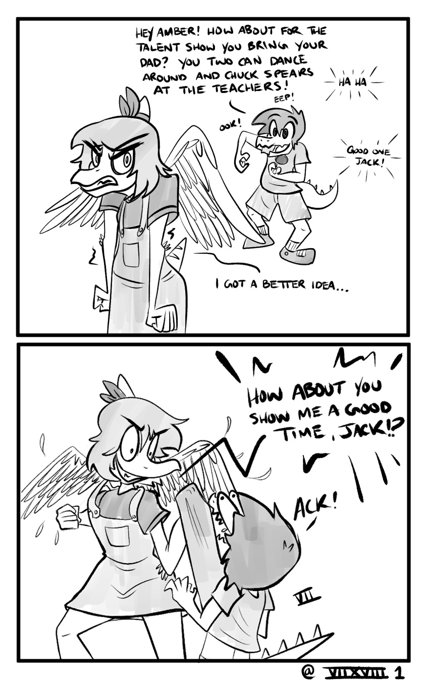 amber_(snoot_game) angry anthro child clothed clothing comic dialogue dress duo english_text feathered_wings feathers female hair hi_res long_snout male monochrome seven_(artist) snoot_game_(fan_game) snout text video_games wings young