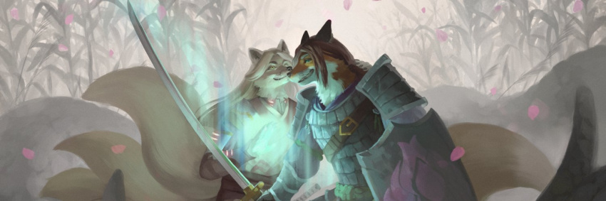 3:1 ambiguous_gender anthro armor canid canine duo fantasy field_(agriculture) fox katana kyrshin laura_galli magic male mammal melee_weapon multi_tail petals role-playing_game shield smiling_at_each_other sword tabletop_game weapon