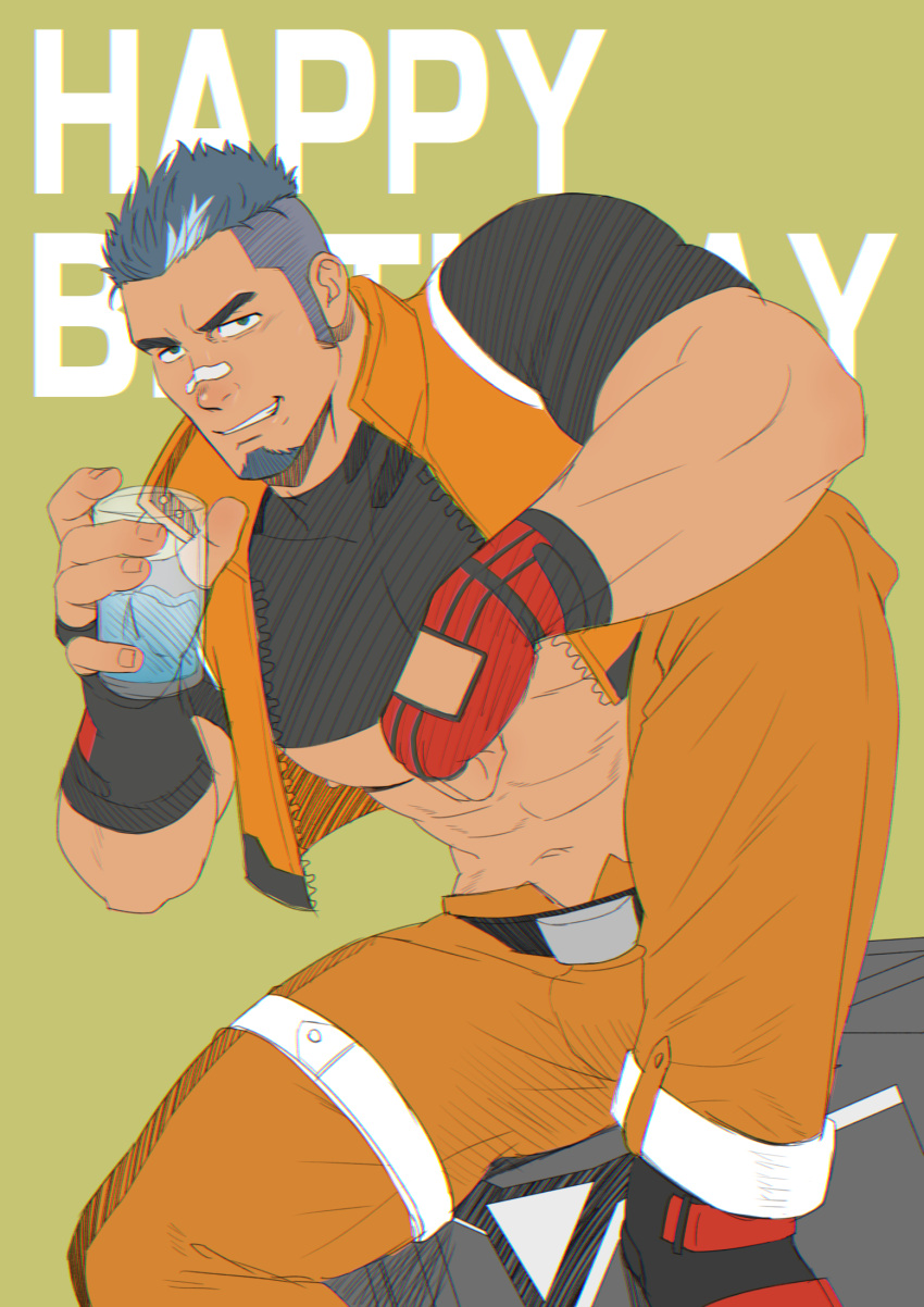 1boy abs bandaid bandaid_on_face bandaid_on_nose bara belt boots collared_jacket cube cup drink fingerless_gloves gloves green_background green_eyes grey_hair gyee happy_birthday highres holding holding_cup jack_(gyee) jacket looking_at_viewer male_focus manly mature_male mizuki_gai muscular muscular_male nipples open_clothes open_jacket pants pectorals simple_background smirk solo spiked_hair teeth thick_arms thick_eyebrows thick_thighs thighs tight undercut underpec unzipped