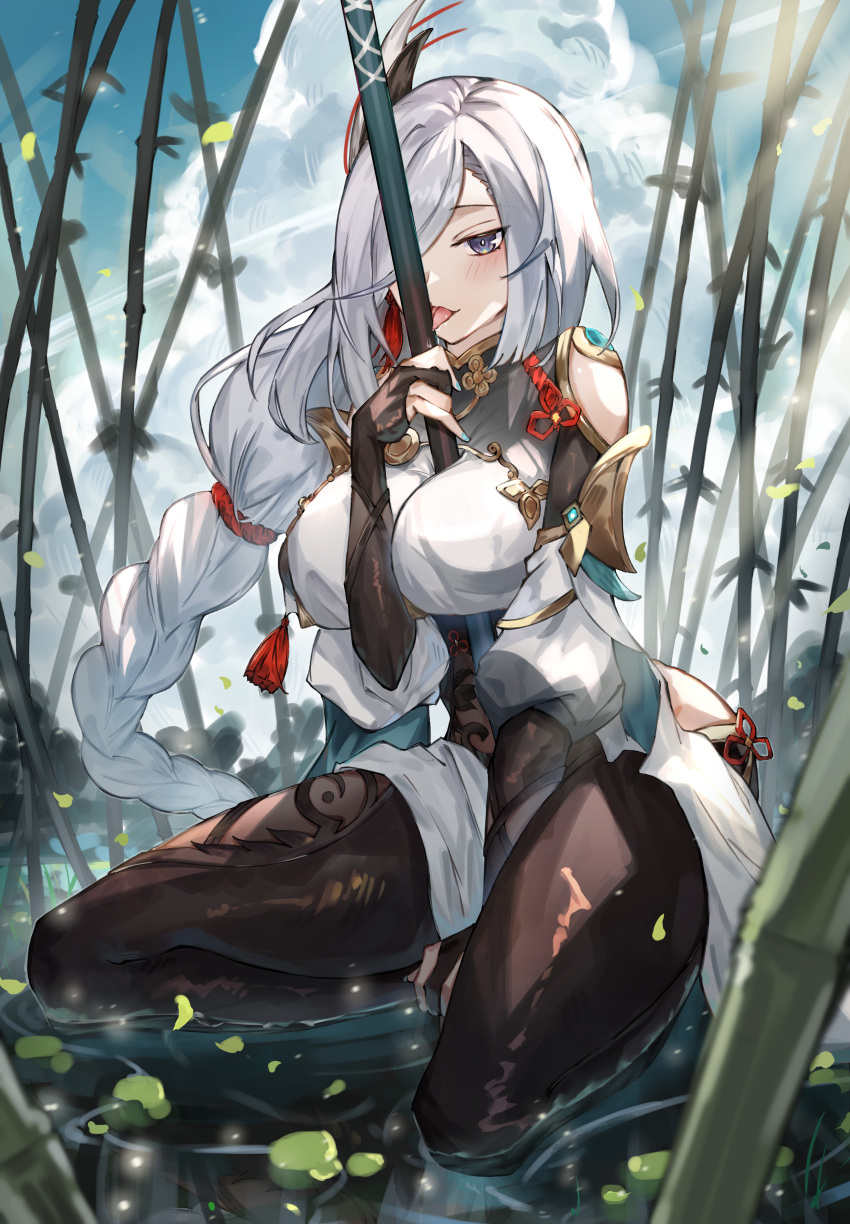 1girl absurdres bamboo bamboo_forest bangs black_bodysuit blurry bodysuit braid bridal_gauntlets cloud cloudy_sky commentary_request depth_of_field detached_sleeves earrings forest genshin_impact grey_eyes grey_hair hair_ornament hair_over_one_eye highres in_water jewelry lankuchashuangjielong licking long_hair looking_at_viewer low-tied_long_hair low_ponytail nature polearm shenhe_(genshin_impact) short_sleeves sidelocks single_braid sitting sky solo wariza weapon
