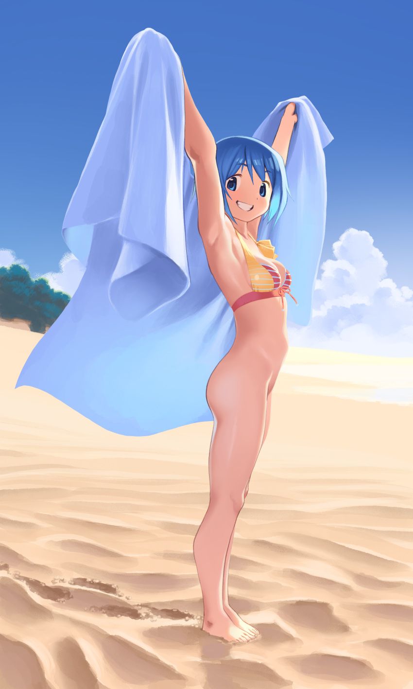 1girl absurdres armpits arms_up ass barefoot beach beach_towel bikini blue_eyes blue_hair blue_sky bottomless breasts cloud english_commentary footprints from_side front-tie_bikini_top front-tie_top gloamy grin groin highres looking_at_viewer magia_record:_mahou_shoujo_madoka_magica_gaiden mahou_shoujo_madoka_magica medium_breasts miki_sayaka miki_sayaka_(swimsuit_costume) multicolored_bikini multicolored_clothes outdoors red_bikini sand short_hair sidelighting sky smile solo standing striped striped_bikini swimsuit thighs towel yellow_bikini