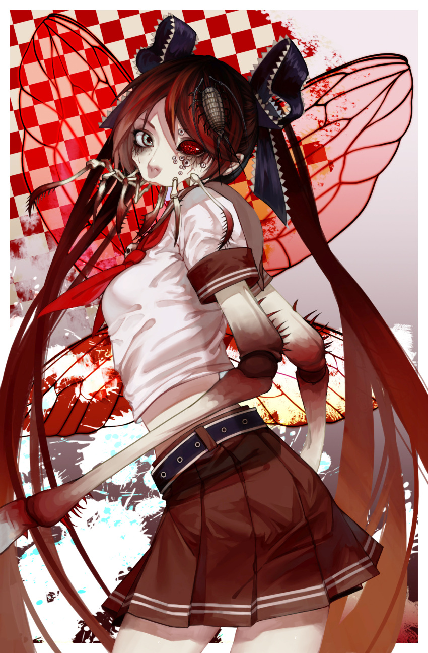 1girl bone bow butterfly_wings ca_(maeda_koutarou) calne_ca contrapposto cowboy_shot crustacean ebon_(7841327) from_side green_eyes hair_bow hair_ribbon highres insect_on_head isopod jewelry long_hair looking_at_viewer nail_polish nato-kun necklace red_eyes red_hair ribbon saikin_osen_-_bacterial_contamination_-_(vocaloid) school_uniform serafuku shirt simple_background skeletal_arm skirt skull_necklace solo twintails very_long_hair vocaloid white_shirt wings