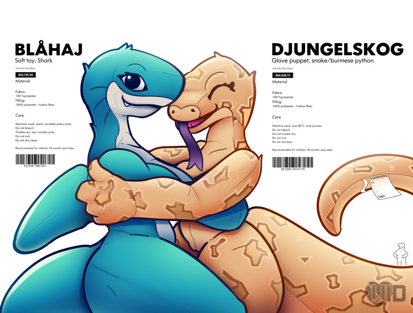 2022 4:3 absurd_res anthro blahaj butt digital_drawing_(artwork) digital_media_(artwork) djungelskog duo embrace english_text eyes_closed female female/female fin fish forked_tongue fur genitals hi_res hug ikea living_tail mammal marine muscular nude open_mouth plushie pussy reptile scalie shaded shark shark_fin signature simple_background smile smiling_at_viewer snake snake_tail spots teeth text thick_thighs tongue tongue_out uid unusual_anatomy unusual_tail