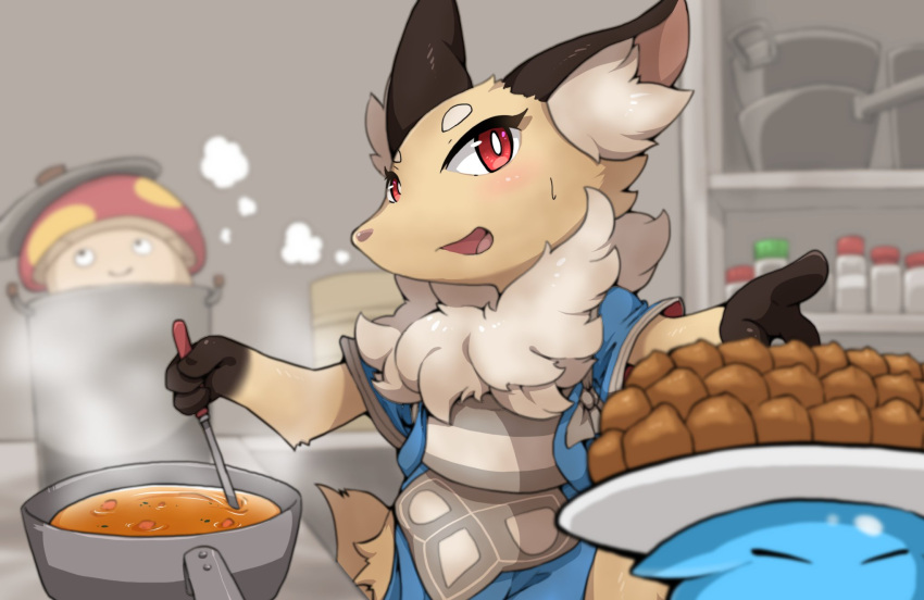 anthro asian_clothing black_pepper blue_clothing blush canid canine clothed clothing cooking cygames east_asian_clothing female food fox fungus fur hi_res inner_ear_fluff japanese_clothing k_busho kemono kimono kitchen kitchen_utensils ladle mammal mushroom neck_tuft red_eyes salt shirano smile solo soup tools tuft world_flipper