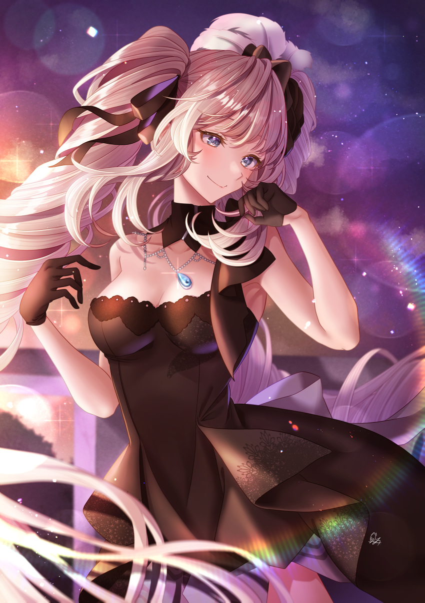 1girl absurdres bead_necklace beads black_collar black_gloves black_skirt blush collar detached_collar fate/grand_order fate_(series) gloves grey_eyes grey_hair highres jewelry long_hair marie_antoinette_(fate) necklace skirt smile solo totomiya