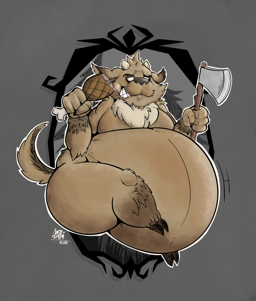 anthro awoogasm axe belly big_belly big_butt bovid brown_body brown_fur butt caprine demon digital_media_(artwork) don't_starve eating food fur fur_tuft goat hi_res horn imp klei_entertainment male mammal meat melee_weapon overweight overweight_male simple_background solo teeth thick_thighs tuft video_games weapon wortox