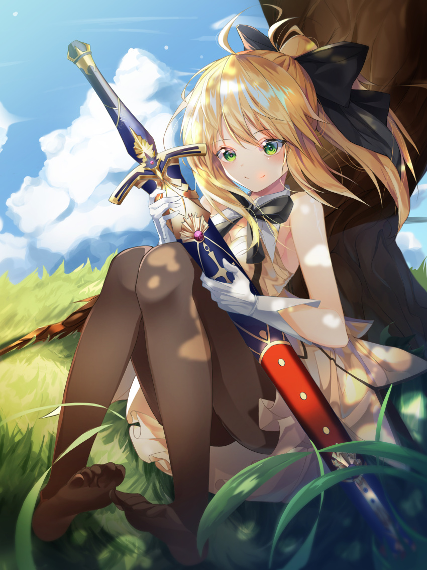 1girl absurdres ahoge artoria_pendragon_(fate) bare_shoulders black_pantyhose black_ribbon blonde_hair closed_mouth cloud commentary_request dappled_sunlight detached_collar dot_nose dress fate/grand_order fate_(series) full_body gloves grass green_eyes hair_ornament highres holding holding_sword holding_weapon knees_together_feet_apart leaning_back long_hair no_shoes outdoors pantyhose ribbon rosu_1109 saber saber_lily shadow sitting sky smile solo split_mouth sunlight sword toes tree weapon white_dress white_gloves