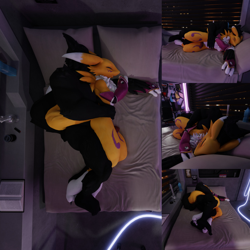 absurd_res alexthewolf1337 armwear bandai_namco black_body black_fur breasts bridal_gauntlets canid canine canis clothing cuddling digimon digimon_(species) duo embrace entwined_tails female fur genitals hi_res hug male male/female mammal penis renamon sleeping spooning tail_coil wolf yellow_body yellow_fur