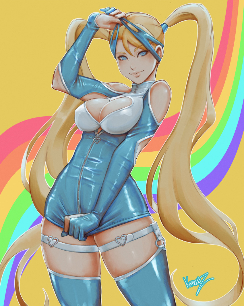 1girl arm_up artist_name bangs bare_shoulders blonde_hair blue_eyes breasts cleavage cleavage_cutout closed_mouth clothing_cutout dress gloves hand_up heart_cutout highres kumanz large_breasts lips long_hair looking_at_viewer mask mask_removed rainbow_mika shiny shiny_clothes shiny_skin short_dress shoulder_cutout signature simple_background skin_tight skirt_hold smile street_fighter street_fighter_zero_(series) thighhighs thighs turtleneck twintails zipper zipper_pull_tab